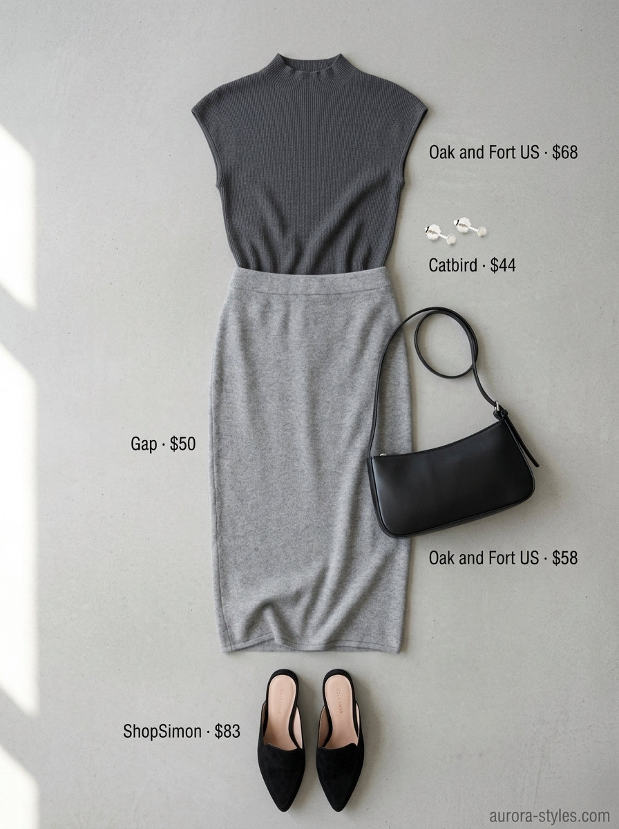 Relaxed Casual Summer Outfits for Women 2026: Chic Midi Skirt Relaxed casual summer outfit for women 2026: Grey midi skirt, charcoal mock neck top, black mules, and shoulder bag.