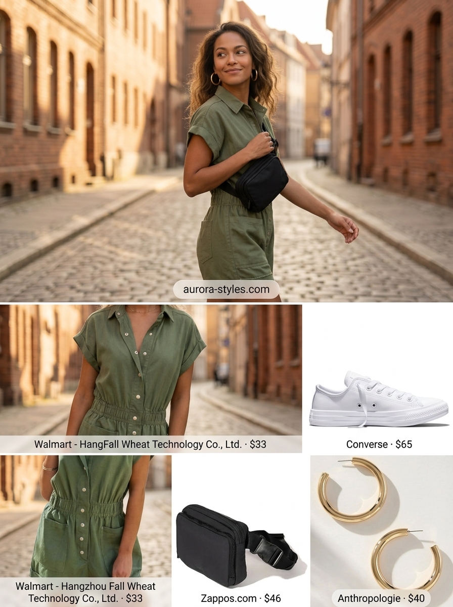Urban Explorer Outfits 2026 Relaxed casual summer outfit for women 2026: Khaki utility jumpsuit, white sneakers, black belt bag, chunky gold hoops.