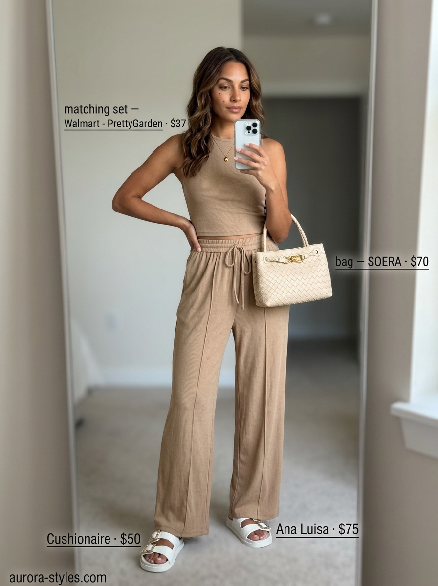 Monochrome Knit Comfort Outfits 2026 Relaxed casual summer outfit for women 2026: Sand beige knit set, cream shoulder bag, gold necklace, flat sandals.