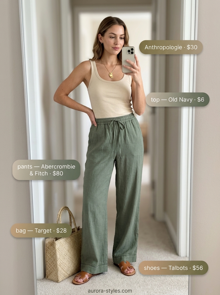 Coastal Breeze Brunch Outfits 2026 Relaxed casual summer outfit for women 2026: Cream tank, olive linen pants, tan slides, straw tote, gold necklace.