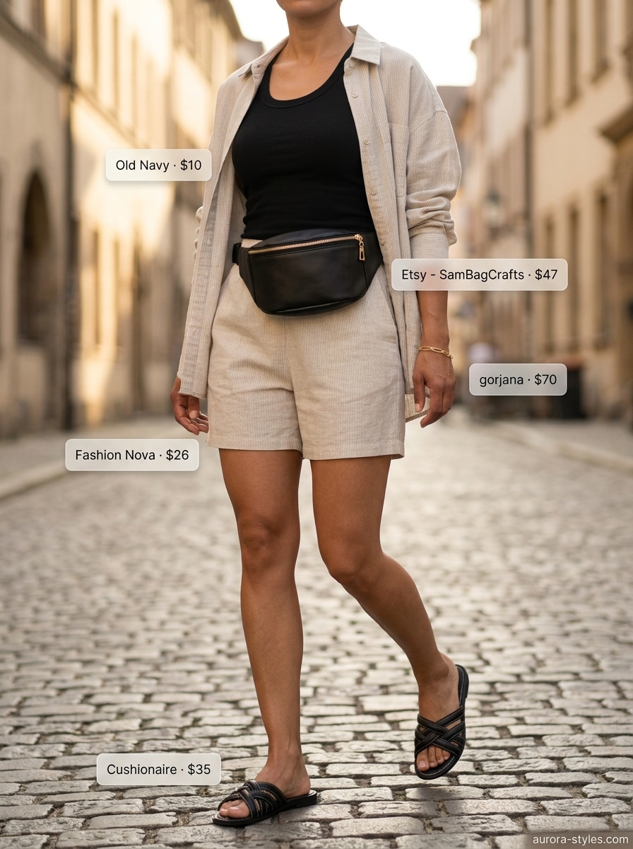 Linen Co-ord Sightseeing Outfits 2026 Relaxed casual summer outfit for women 2026: Sand beige linen set, black tank, black belt bag, black slides, gold bracelet.