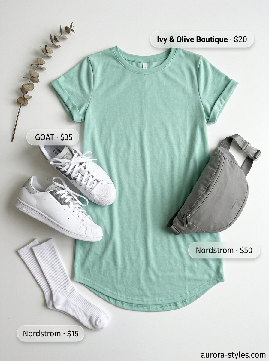 Relaxed Casual Summer Outfits for Women 2026: Athleisure Mini Dress Relaxed casual summer outfit for women 2026: Mint green mini dress, white sneakers, grey belt bag, and white socks.