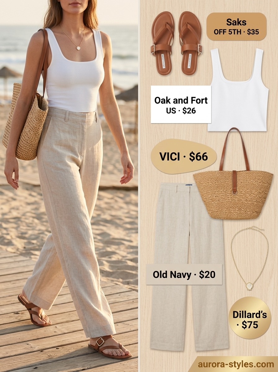 Relaxed Casual Summer Outfits for Women 2026: Linen Pants Relaxed casual summer outfit for women 2026: Oatmeal linen pants, cream knit tank, tan slides, straw tote, gold necklace.