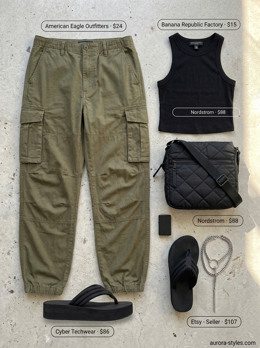 Relaxed casual summer outfit for women 2026: Olive green cargo pants, black tank top, chunky sandals, and nylon crossbody bag.