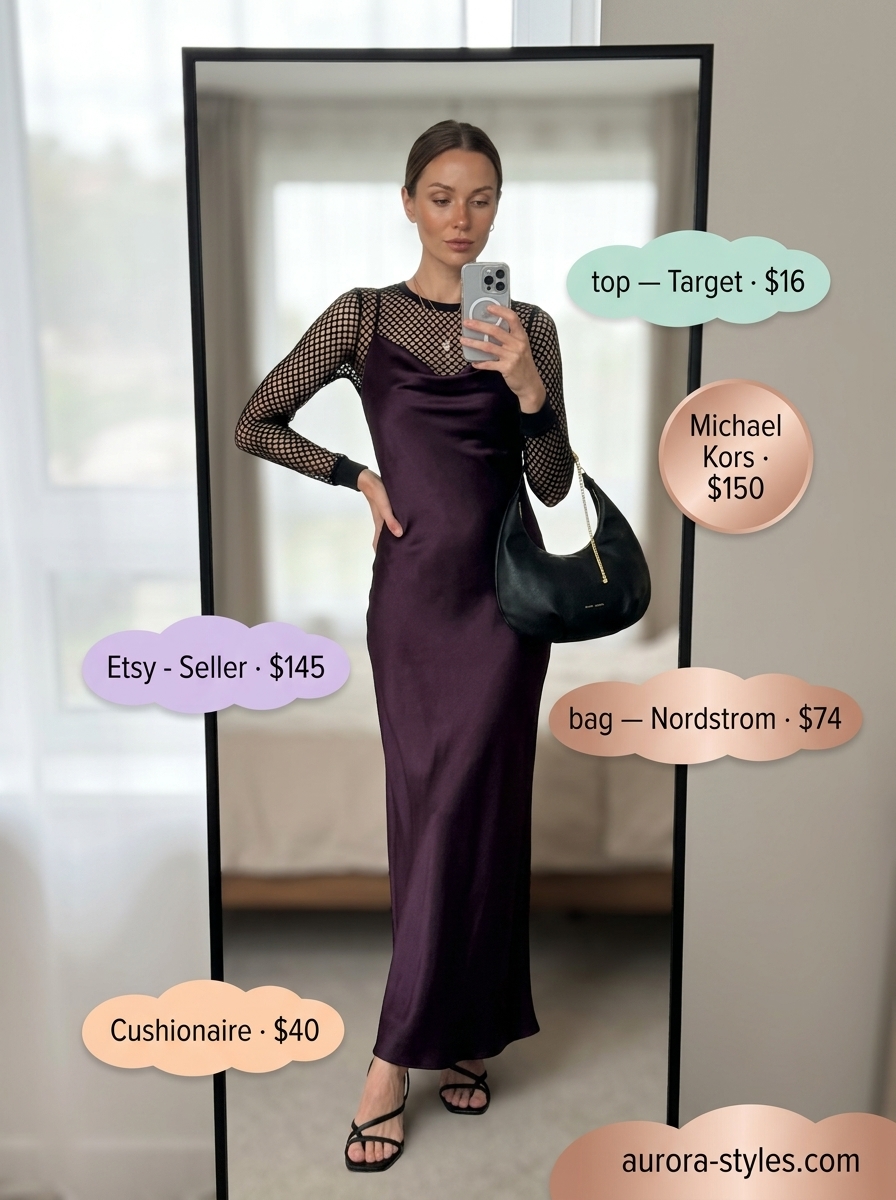 Sunset Slip Dress Outfits 2026 Relaxed casual summer outfit for women 2026: Deep plum slip dress, mesh top, black sandals, black shoulder bag, rose gold necklaces.