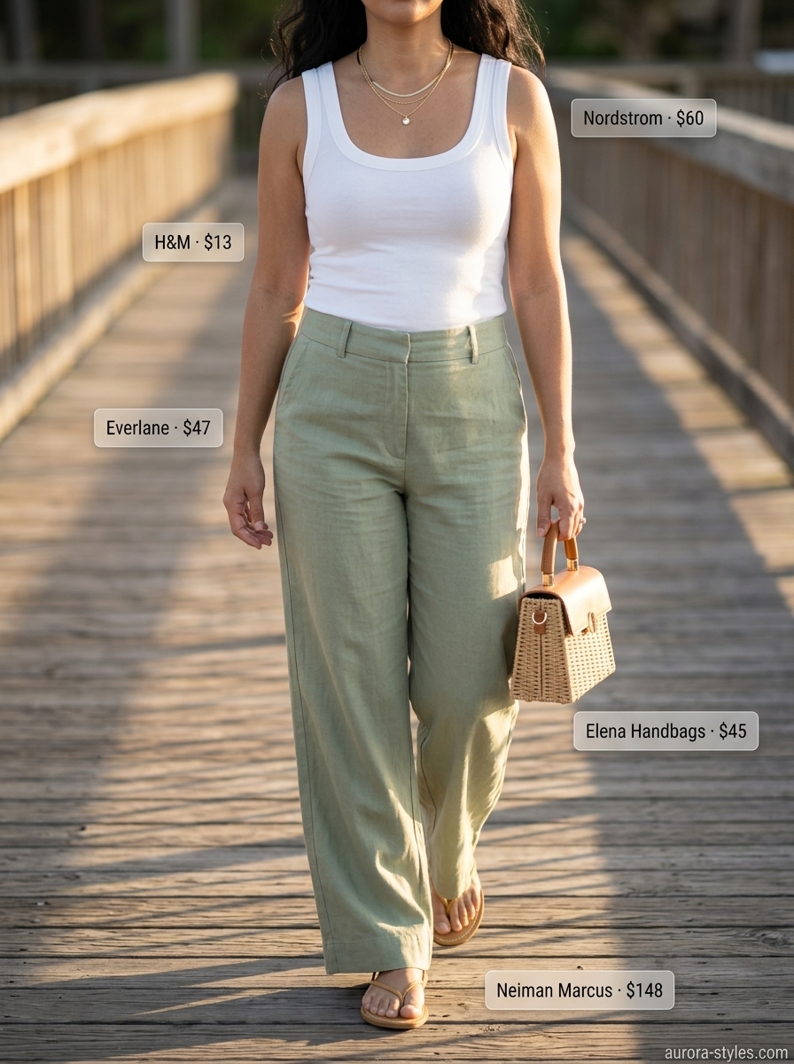 Sage Linen Pants for Boardwalk Strolls 2026 Sage green linen pants with cream tank, straw bag, sandals, and layered gold necklace. Relaxed casual summer outfits for women 2026.