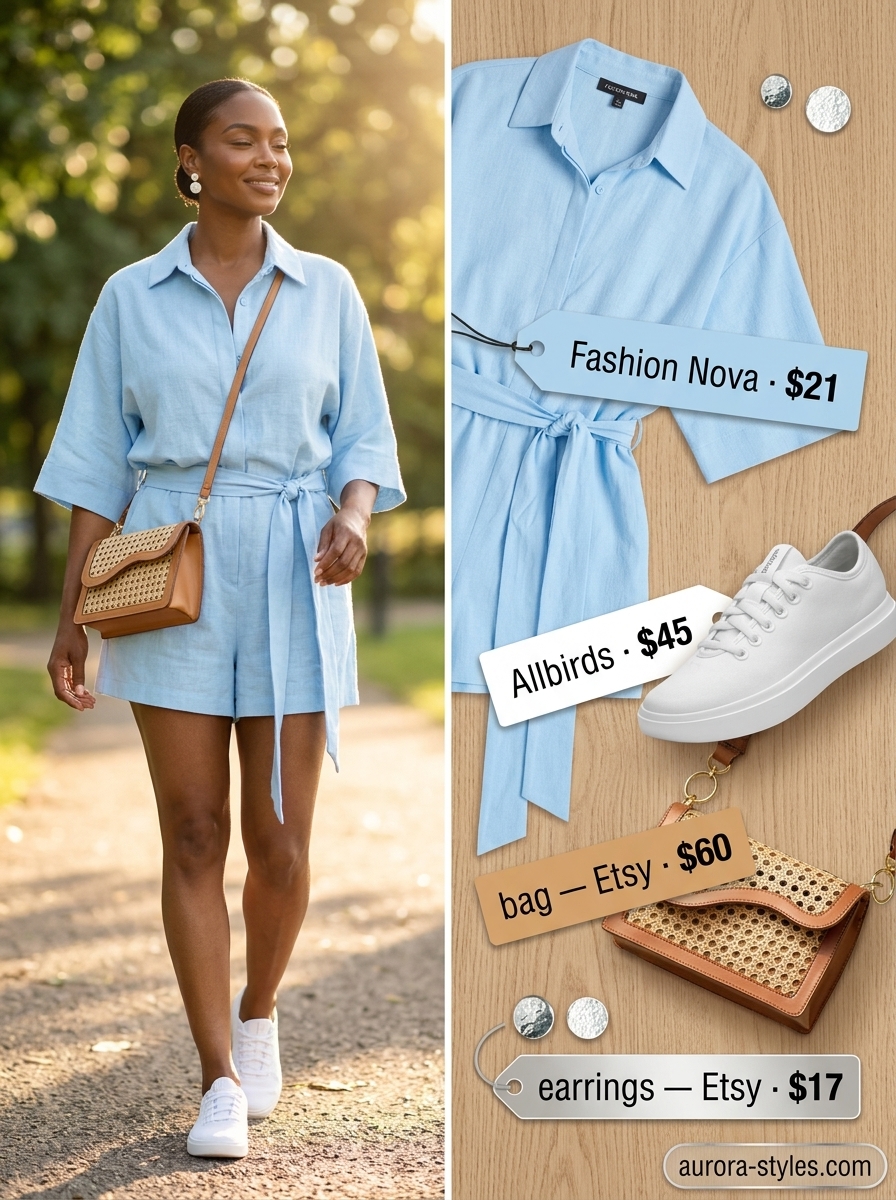 Sky Blue Linen Romper for Picnics 2026 Sky blue linen romper with white sneakers, tan crossbody bag, and silver earrings. Relaxed casual summer outfits for women 2026.