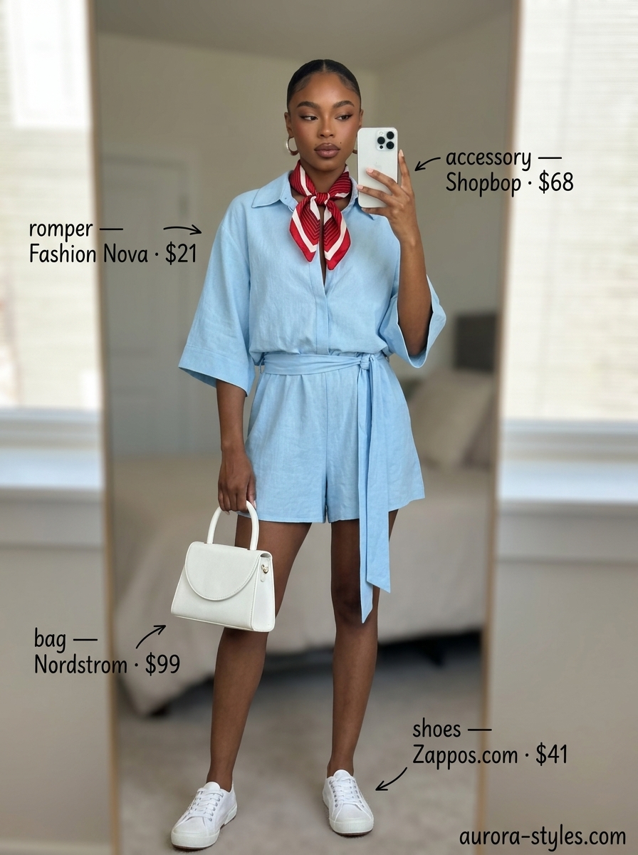 Retro Romper Rendezvous Outfits 2026 Relaxed casual summer outfit for women 2026: Sky blue romper, white sneakers, red bandana, black sunglasses, white top-handle bag.