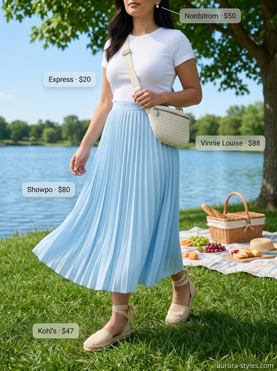 Sky Blue Skirt for Lakeside Picnics 2026 Sky blue midi skirt with white tee, espadrilles, woven bag, and silver studs. Relaxed casual summer outfits for women 2026.