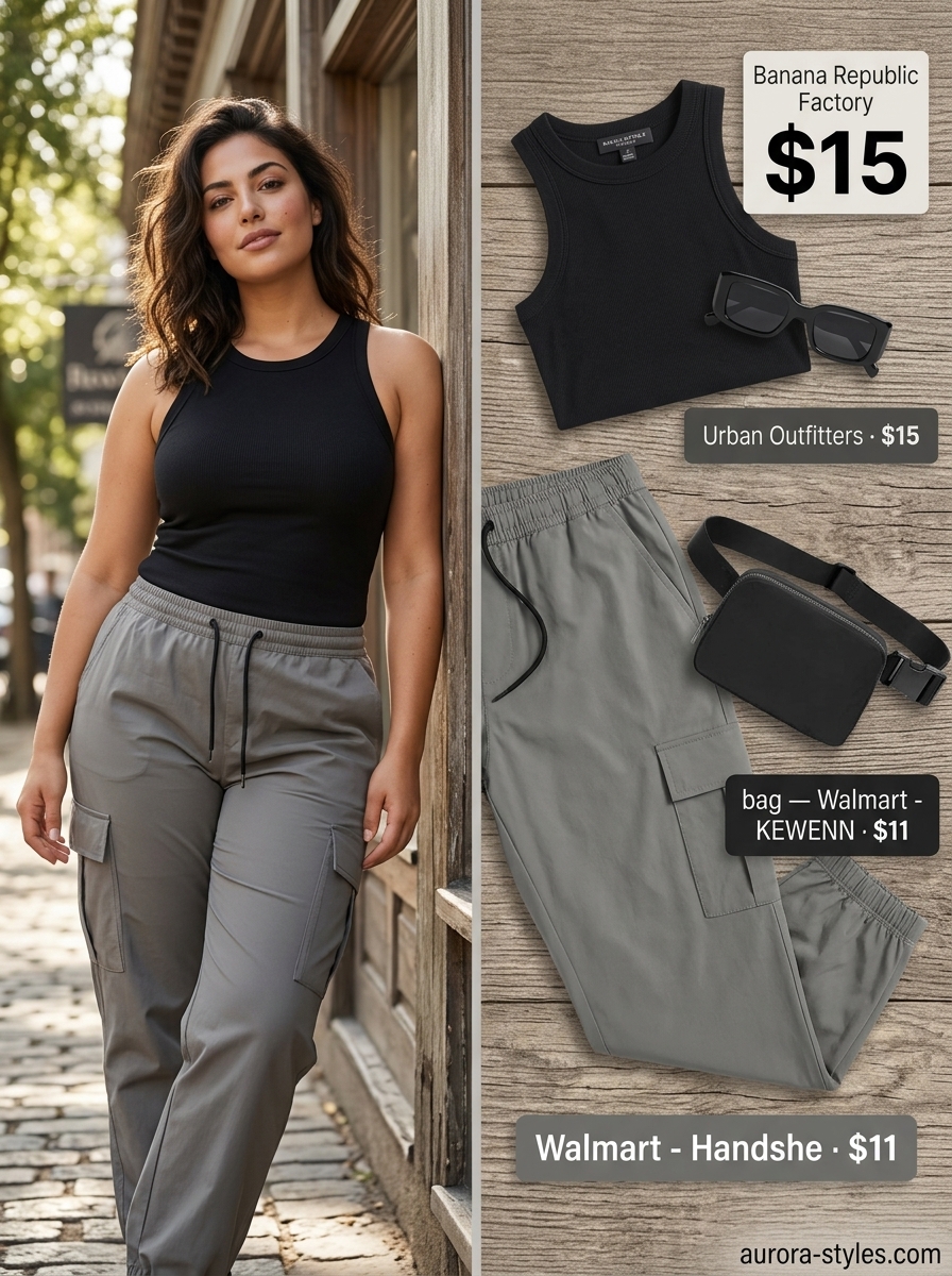 Stone Grey Cargo Pants for Adventures 2026 Stone grey cargo pants with black tank, belt bag, sandals, and sunglasses. Relaxed casual summer outfits for women 2026.