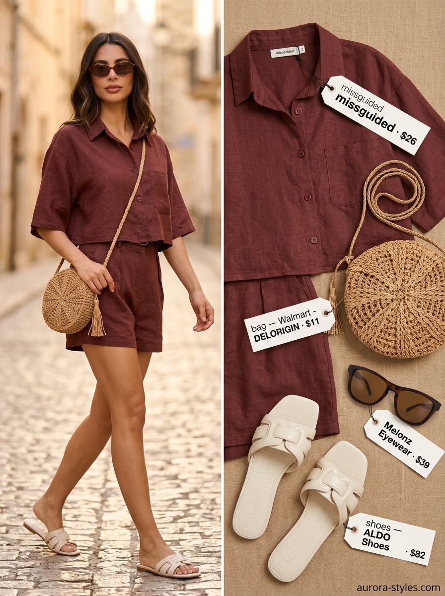 Terracotta Linen Co-ord for Resort 2026 Terracotta linen co-ord set with cream sandals, straw bag, and tortoise sunglasses. Relaxed casual summer outfits for women 2026.