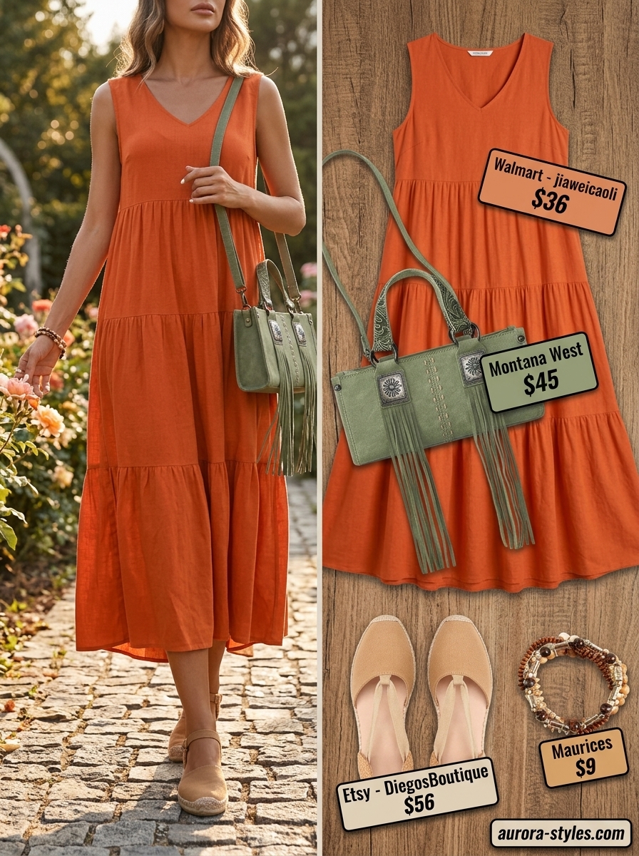 Boho Garden Brunch Outfits 2026 Relaxed casual summer outfit for women 2026: Terracotta flowy midi dress, olive green fringe bag, gold bangles, jute espadrilles.