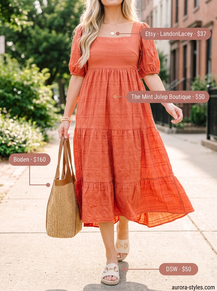 Relaxed Casual Summer Outfits for Women 2026: Boho Midi Dress Relaxed casual summer outfit for women 2026: Terracotta midi dress, espadrille sandals, straw tote, and gold necklace.