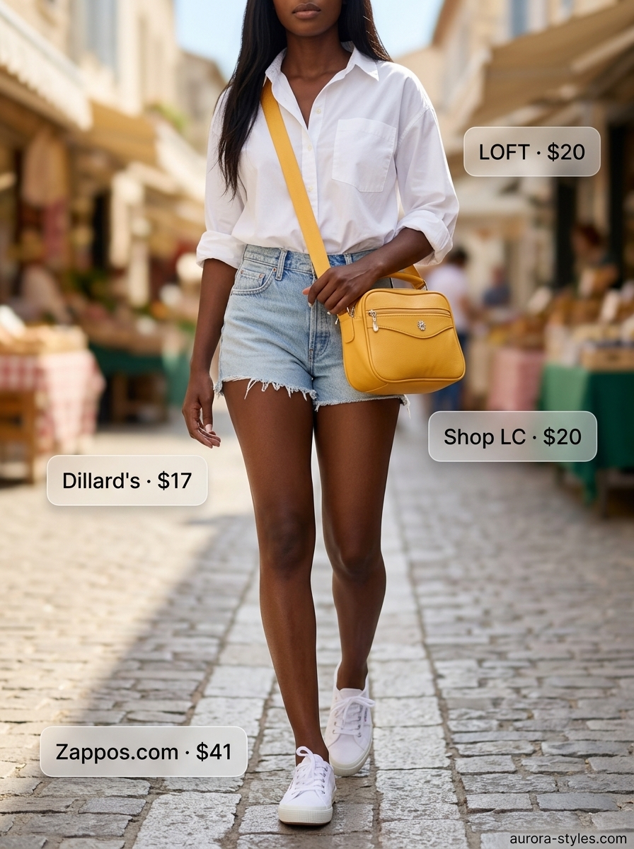 Relaxed Casual Summer Outfits for Women 2026: Weekend Style Relaxed casual summer outfit for women 2026: White oversized shirt, yellow crossbody bag, denim shorts, and white sneakers.