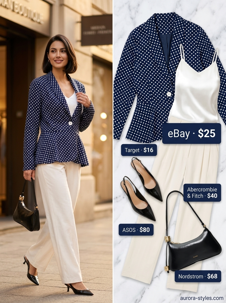 Retro summer polka dots outfits for women 2026: Teal polka dot blazer with white trousers and camisole for resort wear.