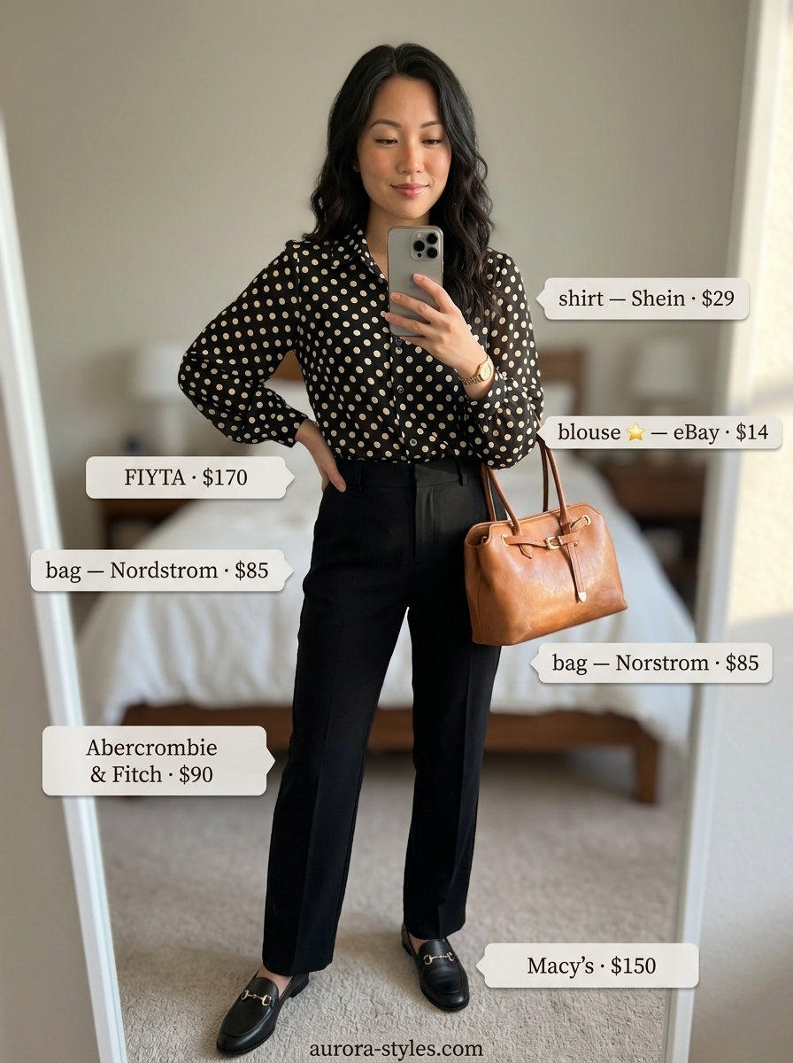 Retro summer polka dots outfits for women 2026: Cream polka dot blouse with black trousers for a polished work look.