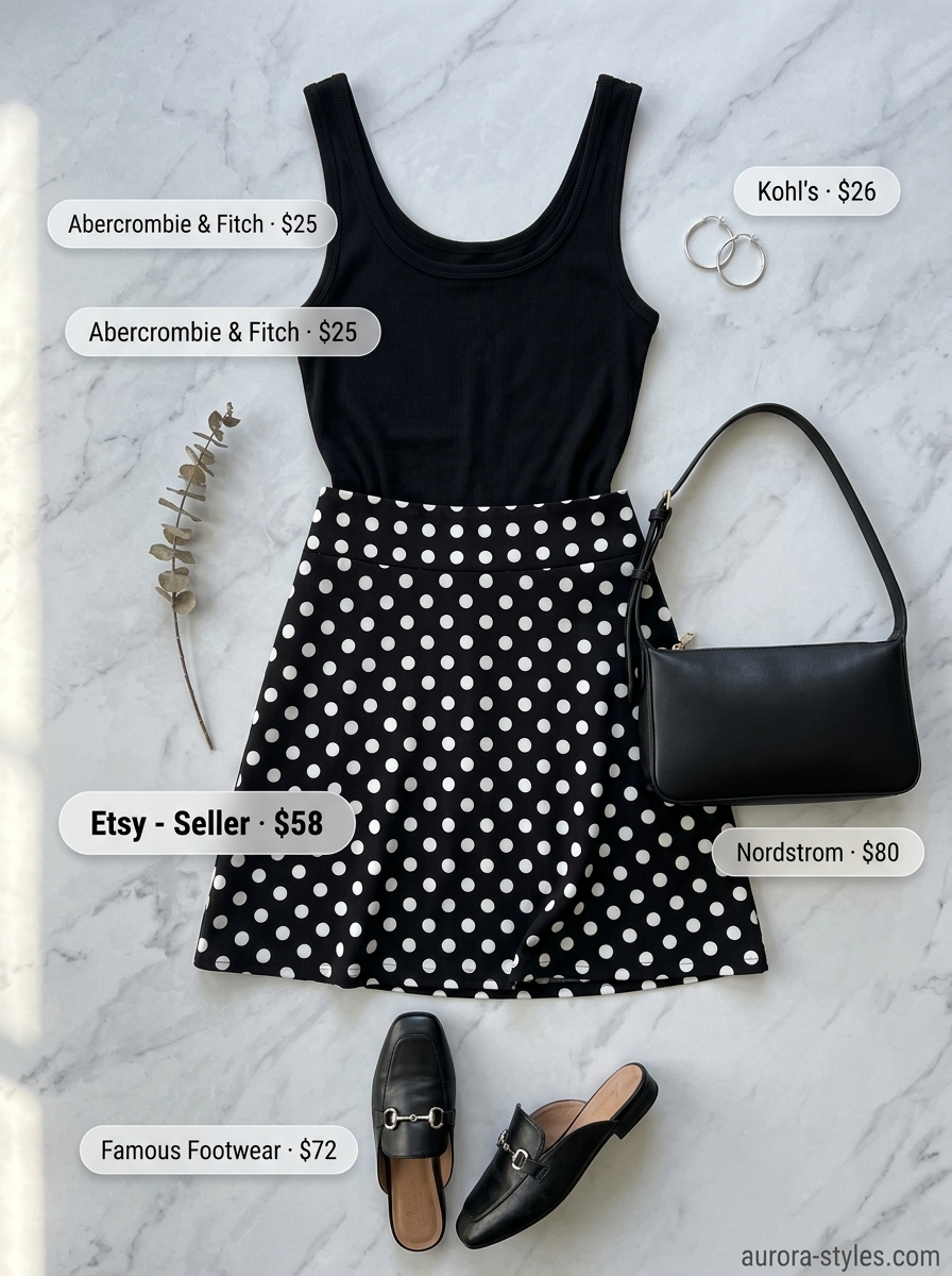 Retro summer polka dots outfits for women 2026: Black polka dot mini skirt, ribbed tank, mules, and hoop earrings for city exploration.
