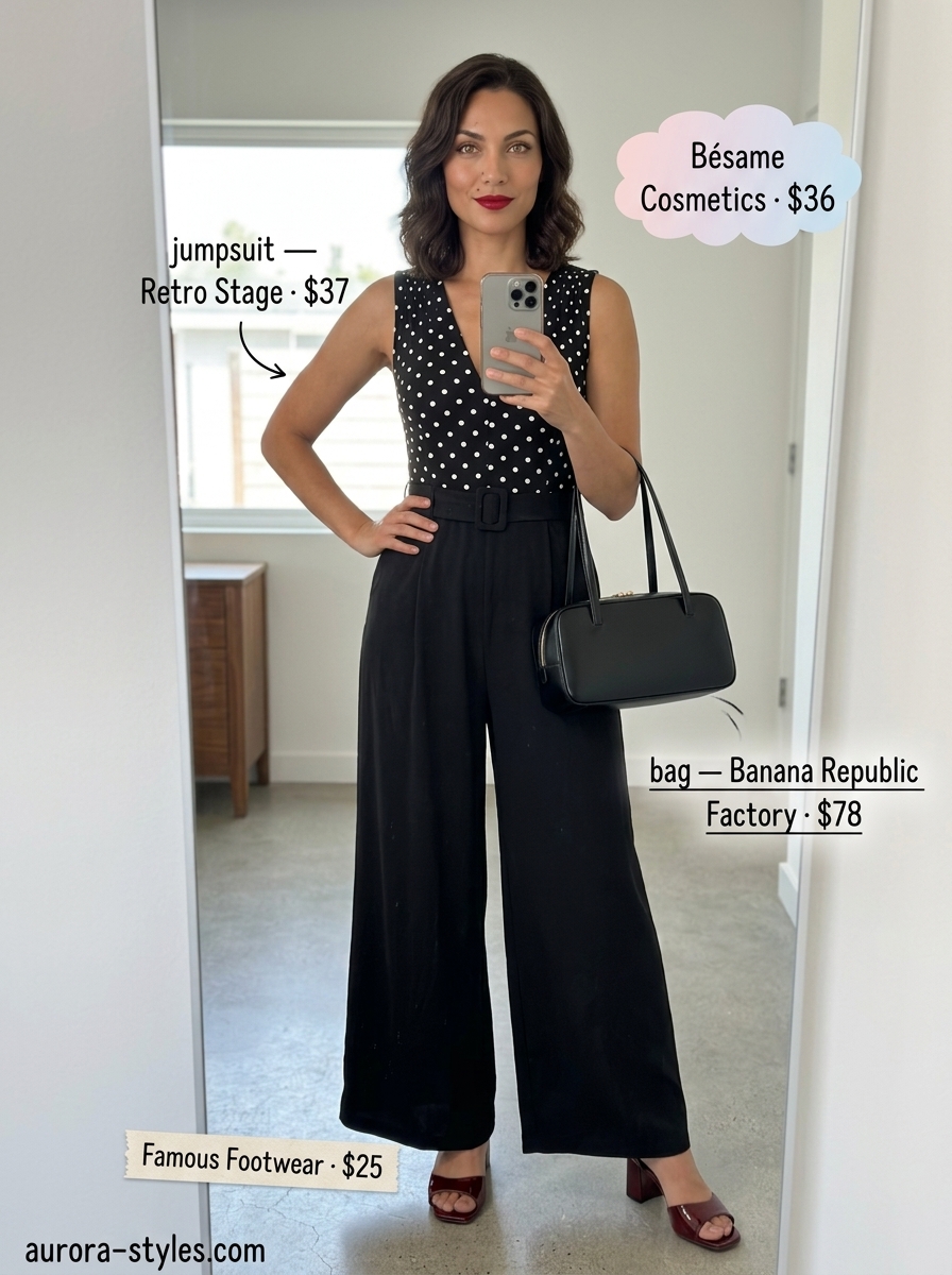 Retro summer polka dots outfits for women 2026: Black polka dot wide-leg jumpsuit with red heels for a night out.