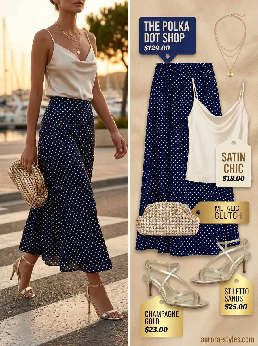 Retro summer polka dots outfits for women 2026: Navy polka dot maxi skirt with satin camisole for a sunset dinner.