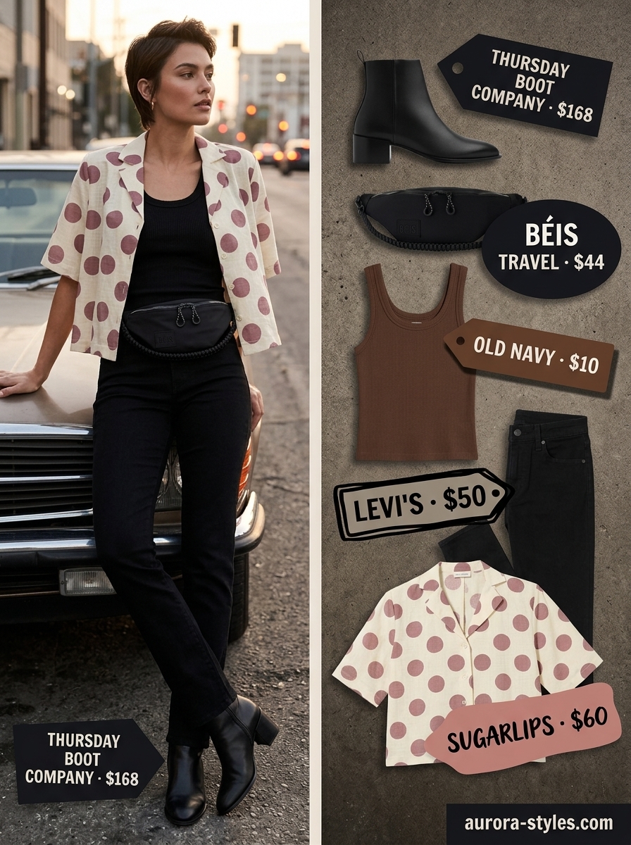 Retro summer polka dots outfits for women 2026: Brown polka dot shirt worn open over black jeans and a knit top for a cool evening.