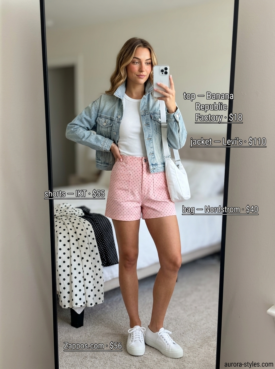 Retro summer polka dots outfits for women 2026: Pastel pink polka dot shorts with tank, denim jacket, and sneakers for sightseeing.