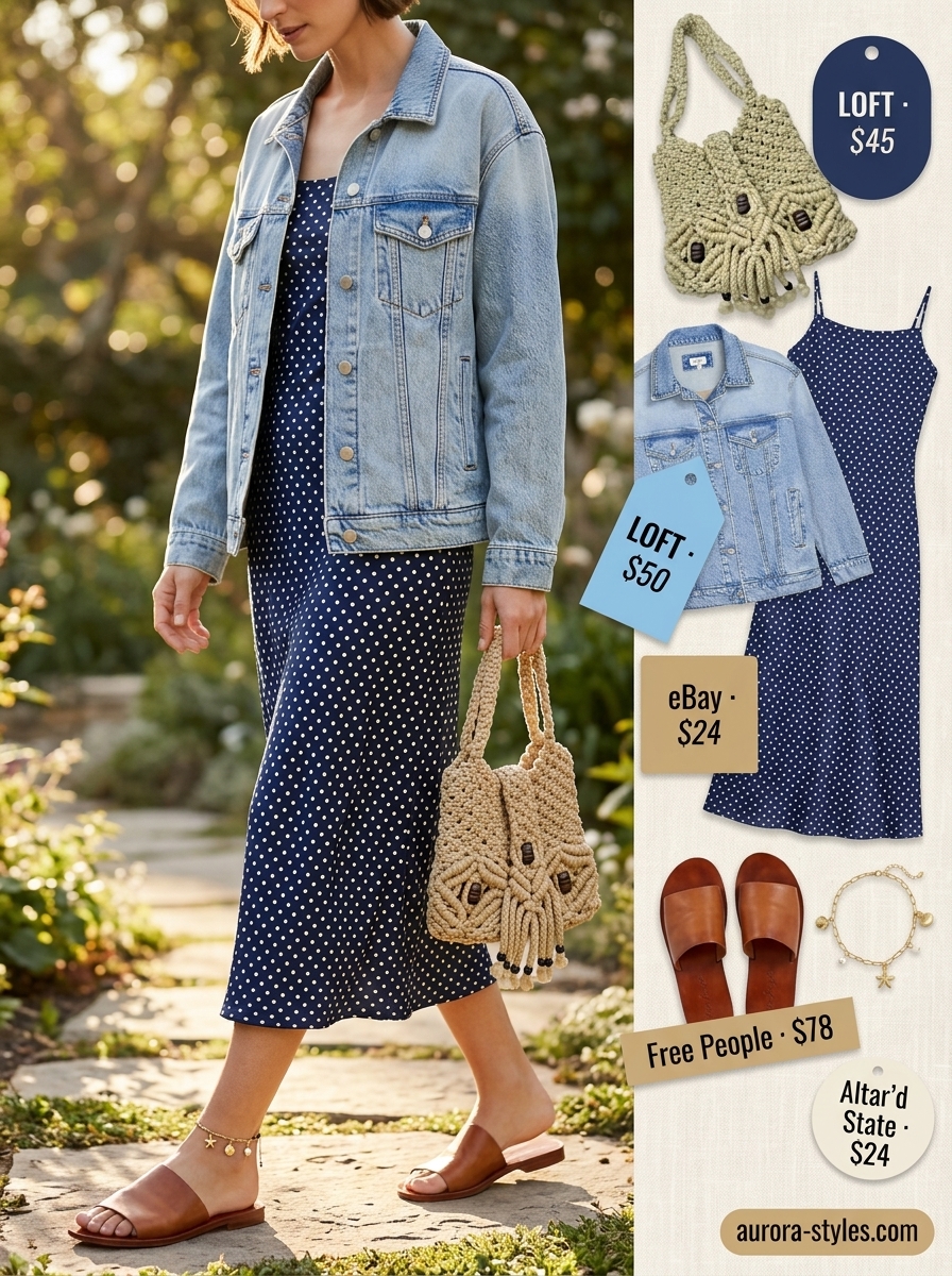 Retro summer polka dots outfits for women 2026: Sky blue polka dot slip dress with denim jacket for a garden party.
