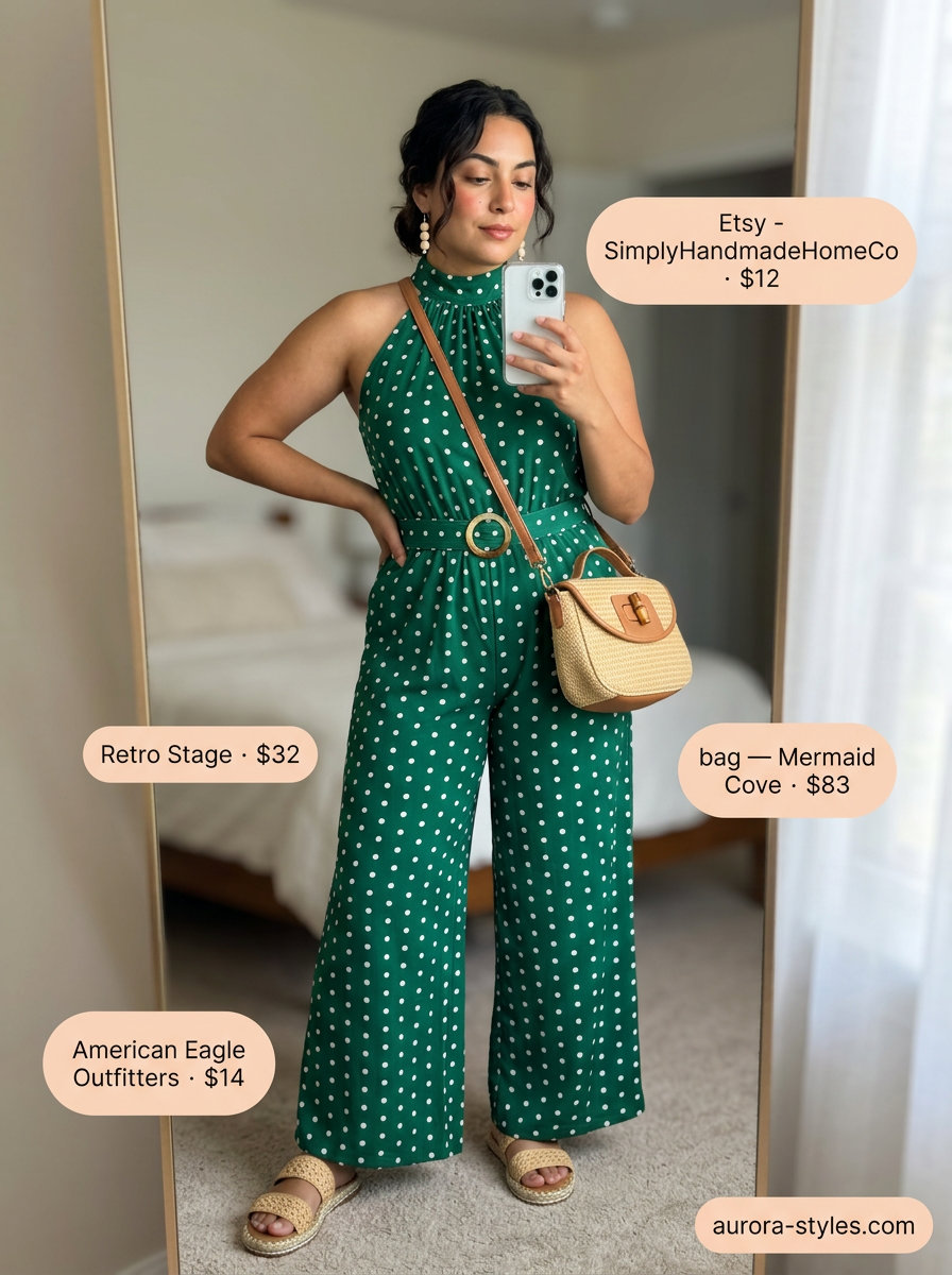Retro summer polka dots outfits for women 2026: Emerald green polka dot jumpsuit, straw bag, espadrilles for garden party.