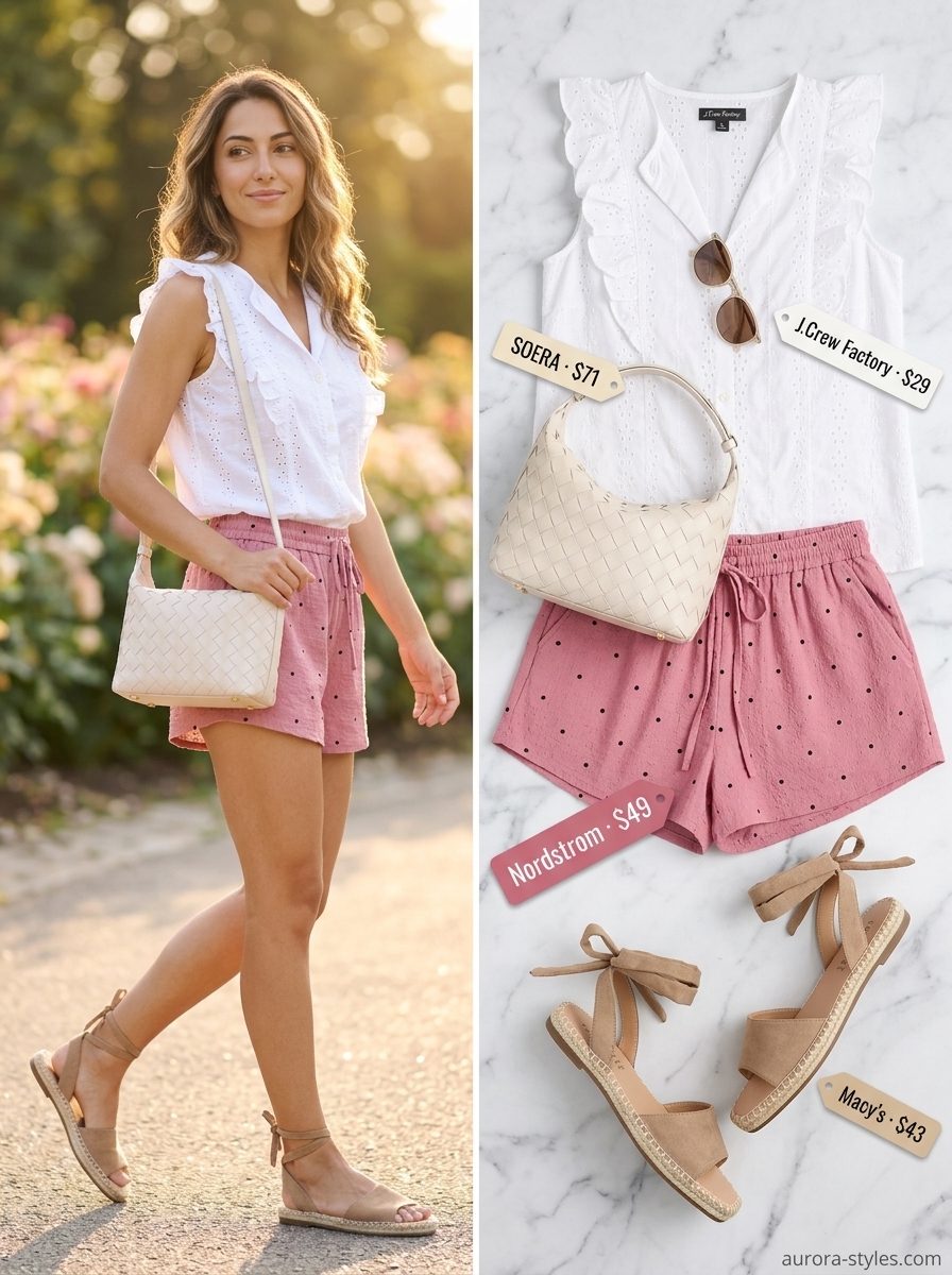 Retro summer polka dots outfits for women 2026: Pink polka dot shorts, white eyelet blouse, espadrilles for picnic.