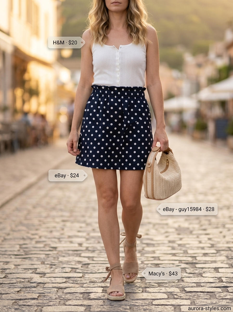 Retro summer polka dots outfits for women 2026: Navy polka dot mini skirt, white knit top, espadrilles for seaside.