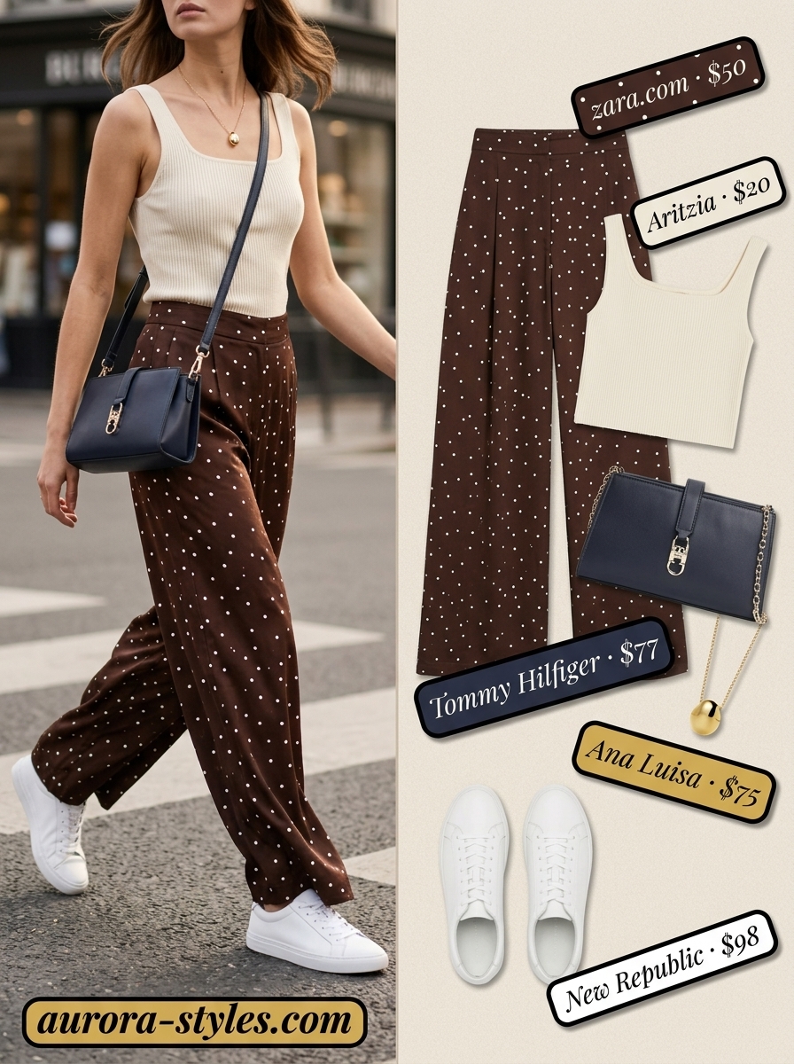 Retro summer polka dots outfits for women 2026: Navy polka dot pants, cream tank, white sneakers for vacation.