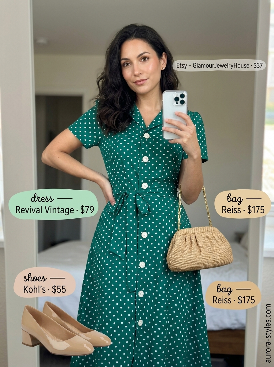 Emerald green polka dot midi dress with block heels for retro summer outfits 2026.