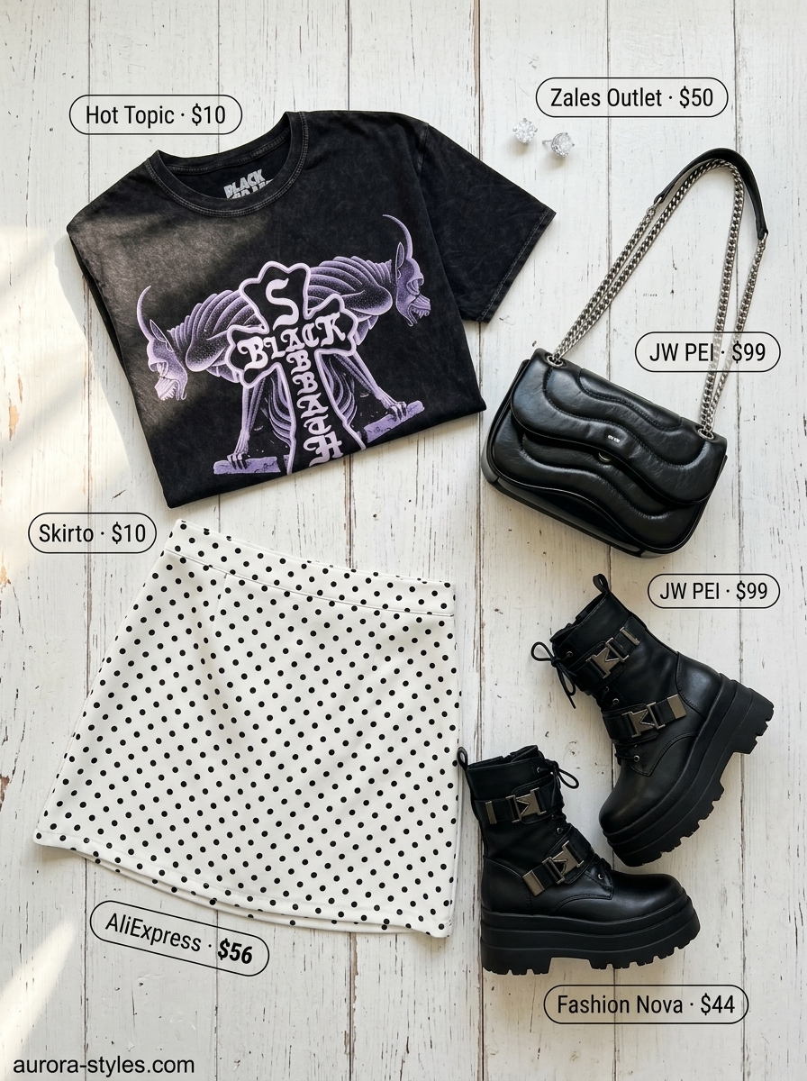 Black polka dot mini skirt with band tee, combat boots for retro summer outfits 2026.