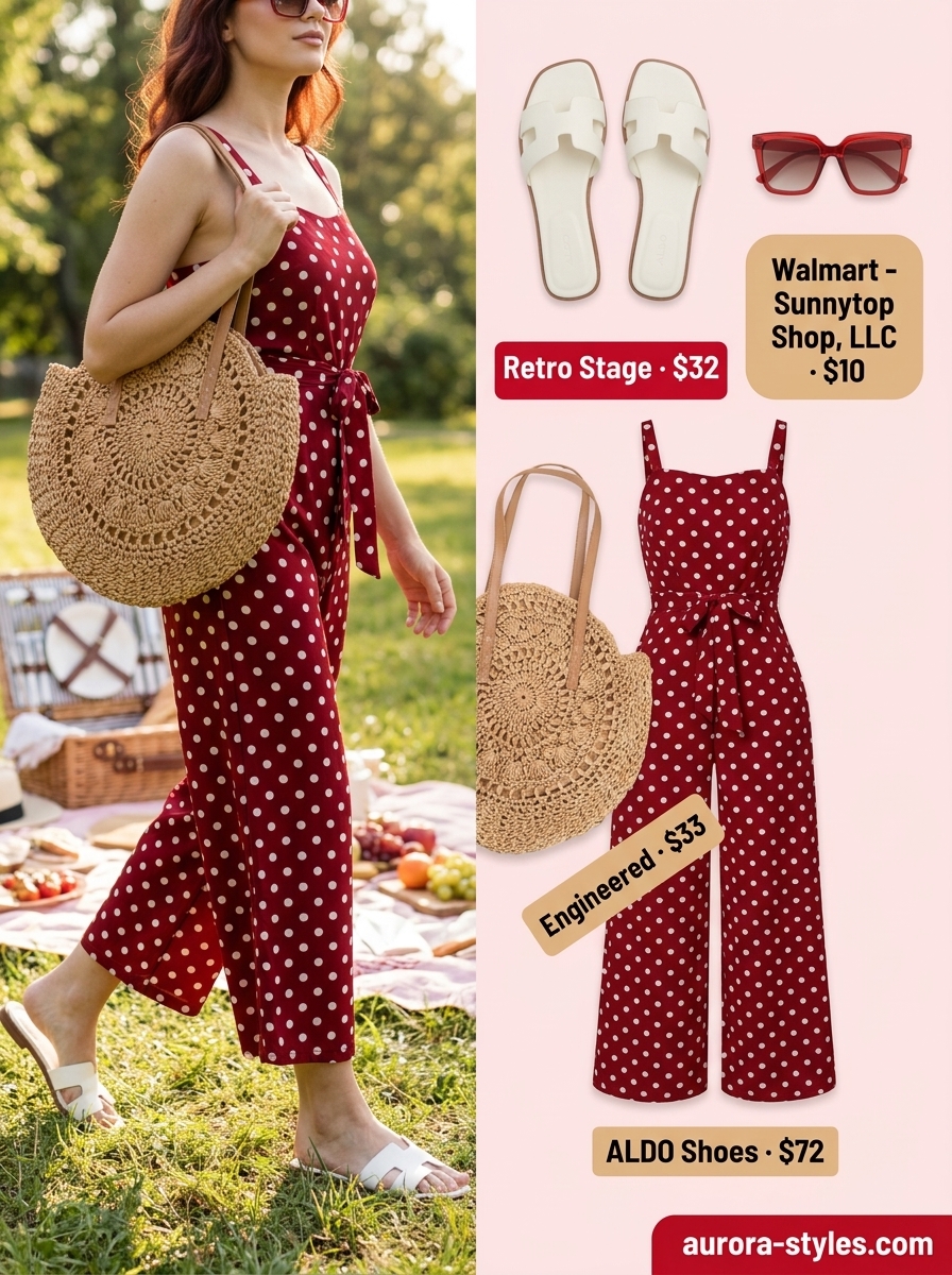 Red polka dot jumpsuit with straw tote and sunglasses for retro summer outfits 2026.