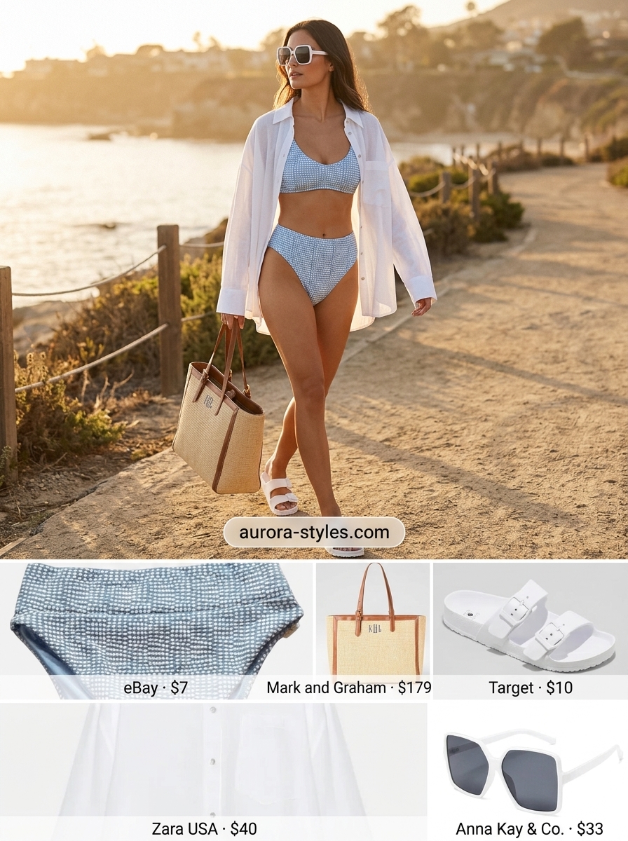 Sky blue polka dot bikini with white shirt and raffia tote for retro summer outfits 2026.
