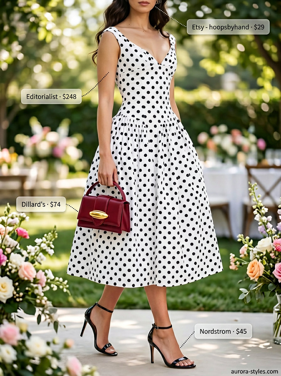 Black polka dot midi dress with strappy heels for retro summer outfits 2026.