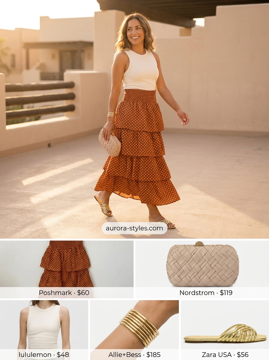 Orange polka dot maxi skirt with cream top and gold bangles for retro summer outfits 2026.