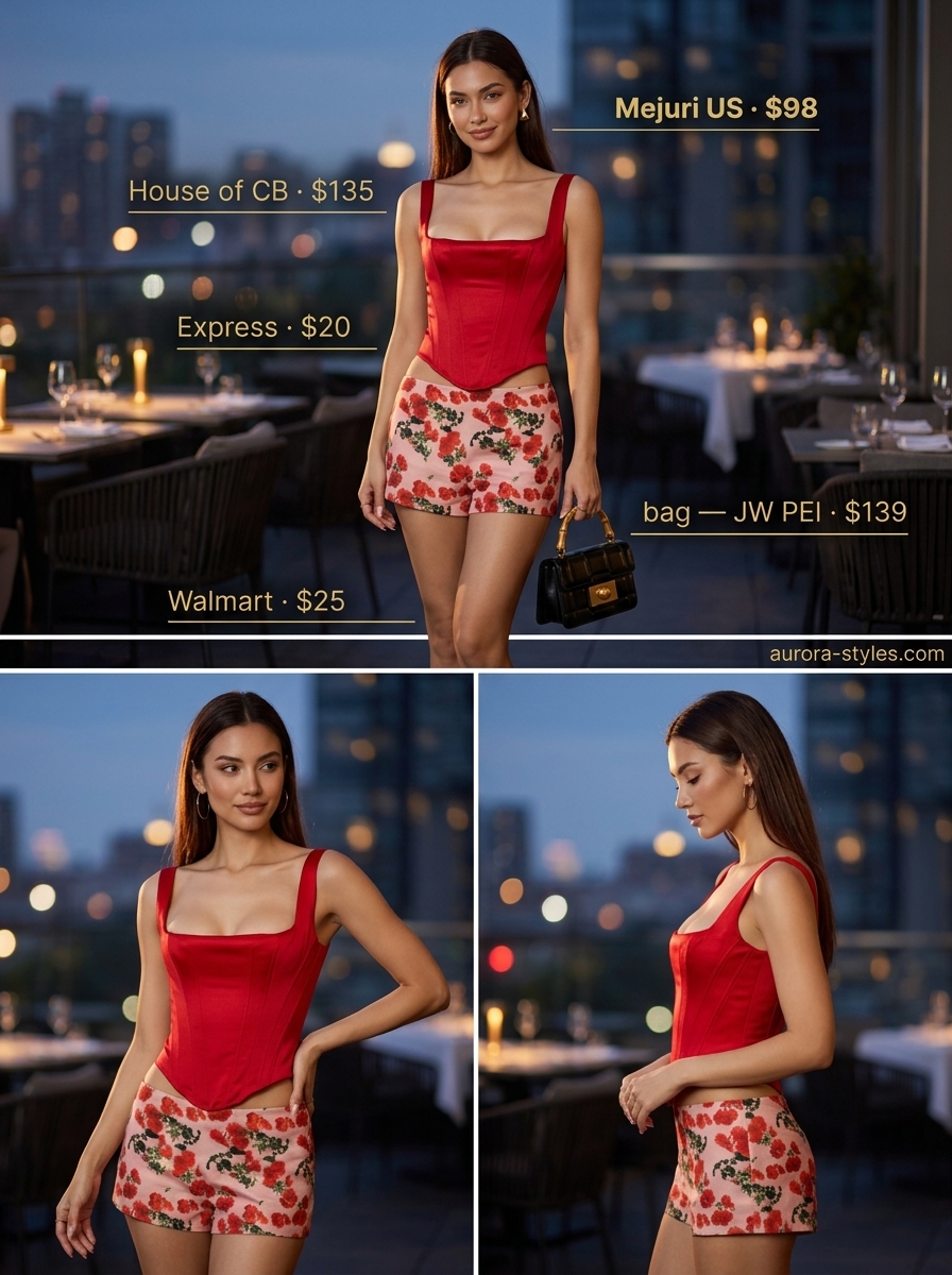 Romantic summer date night outfits for women 2026: Red corset top, black shorts, gold earrings for lively night out.