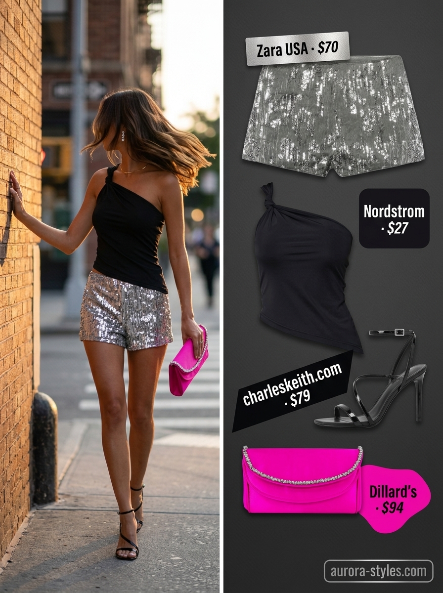 Glamorous party outfit with sequined shorts, one-shoulder top, and stilettos. Short outfits for women summer 2026.