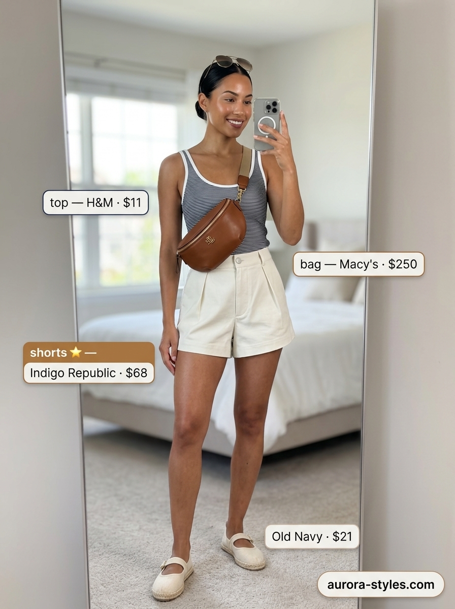 Ivory linen shorts for simple every day summer outfits for women 2026. Polished vacation look with striped knit top and espadrilles.