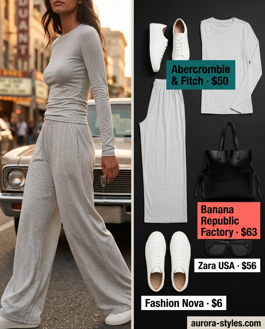 Stylish mom outfits summer 2026: Grey knit set, sunglasses, and sneakers for elevated athleisure.