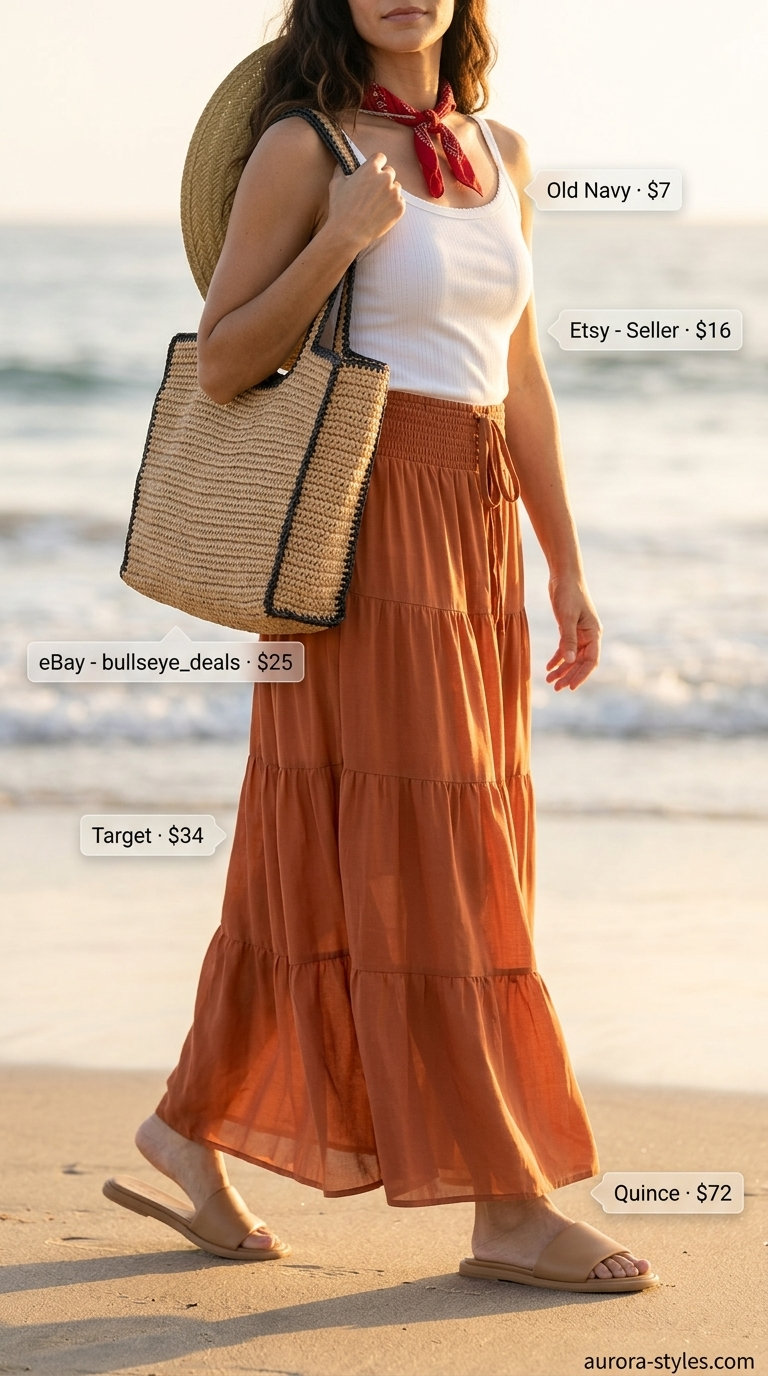 Stylish mom outfits summer 2026: Terracotta maxi skirt, white tank, and straw hat for beach cover-up.