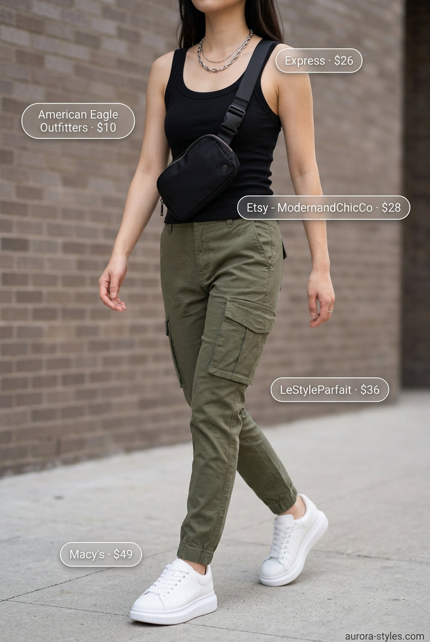 Stylish mom outfits summer 2026: Khaki cargo pants, black tank, silver necklaces, and white sneakers for casual errands.