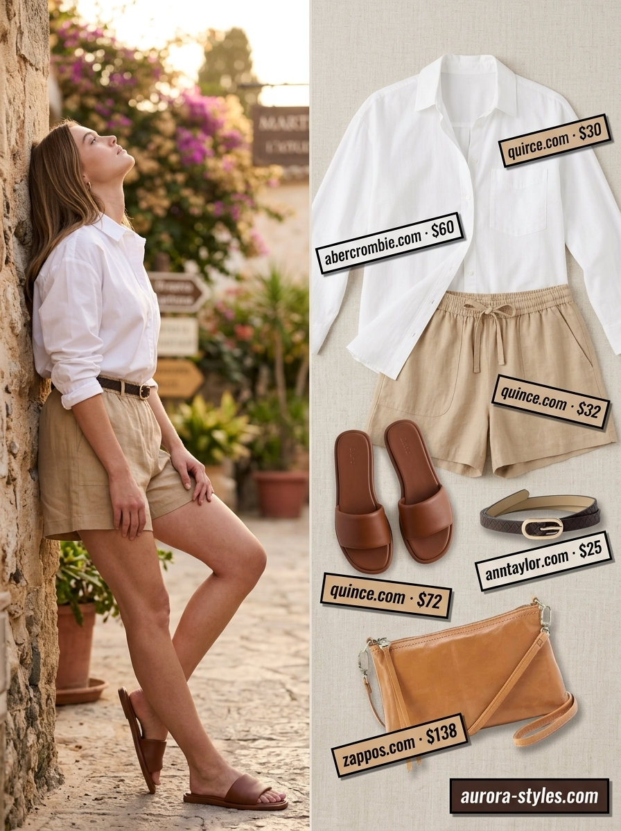 Stylish mom outfits summer 2026: Linen shorts, oversized white shirt, and leather slides for casual evenings.