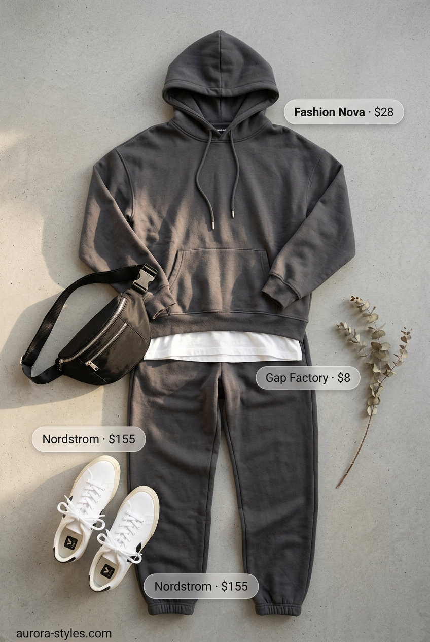 Stylish mom outfits summer 2026: Charcoal grey matching set, white tee, fashion sneakers for elevated athleisure.