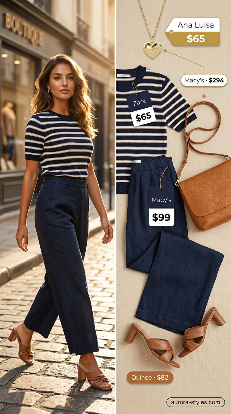 Stylish mom outfits summer 2026: Navy & white striped linen set, gold necklace, tan crossbody, and block heel mules.