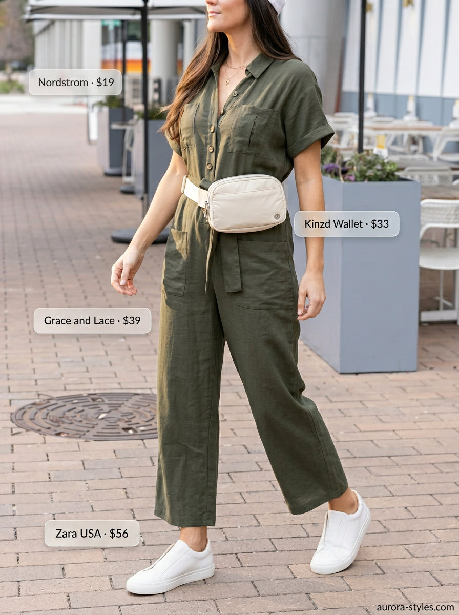 Stylish mom outfits summer 2026: Olive green utility jumpsuit, baseball cap, and crossbody bag for city exploration.