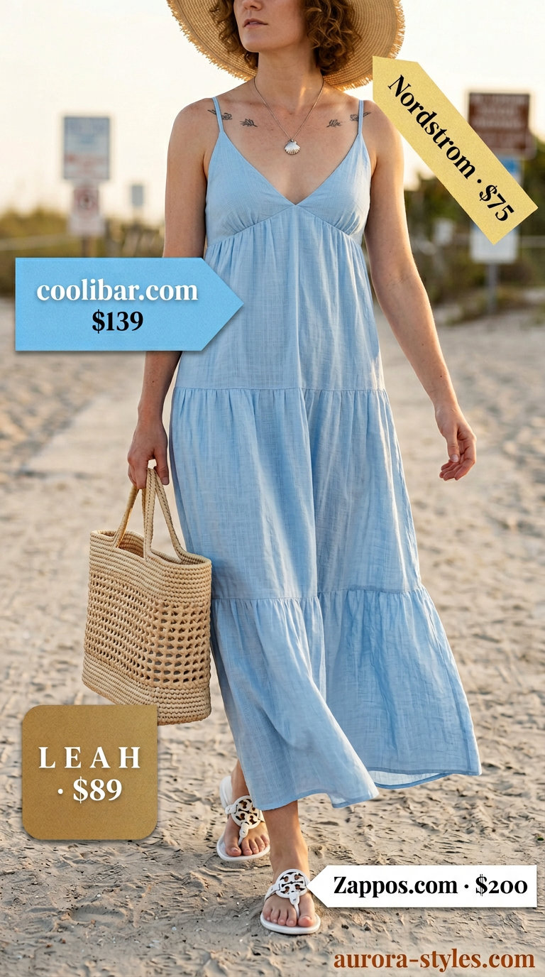 Stylish mom outfits summer 2026: Sky blue maxi dress, straw hat, and tote for a coastal getaway vibe.