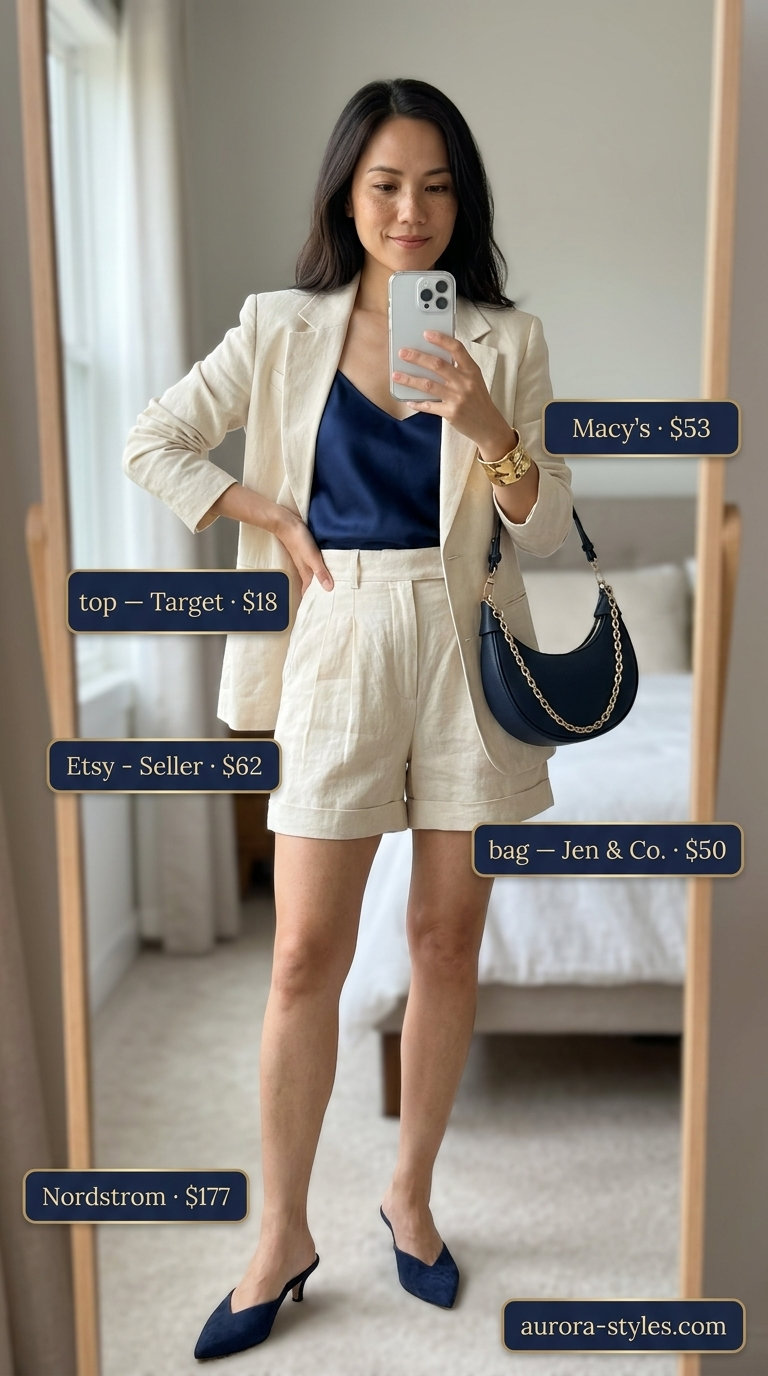 Stylish mom outfits summer 2026: Cream linen shorts suit, navy cami, heeled mules for a chic evening.