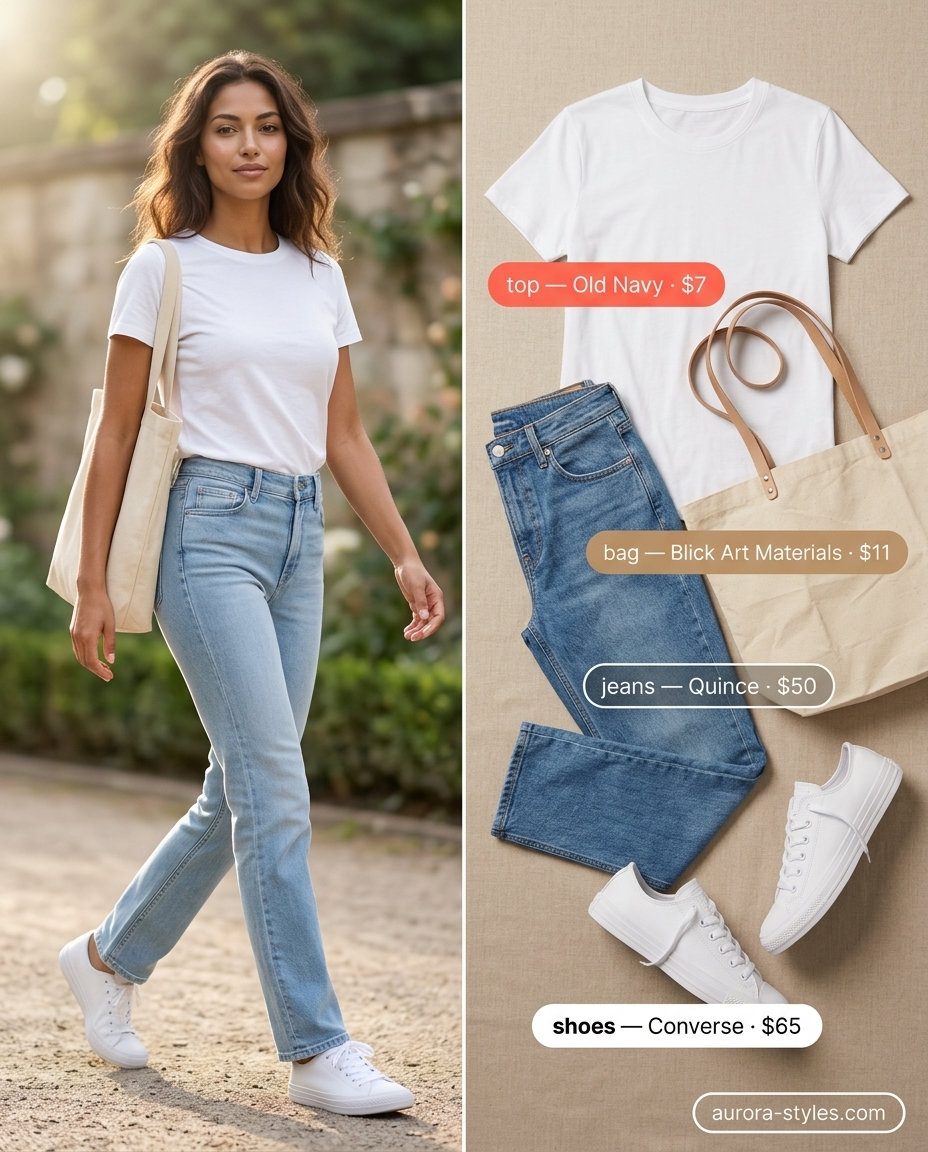 Stylish mom outfits summer 2026: Denim jeans, white tee, coral cardigan, white sneakers, and canvas tote for casual comfort.