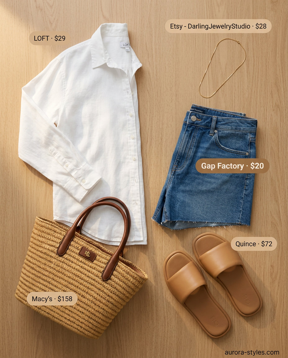 Stylish mom outfits summer 2026: Denim shorts, oversized linen shirt, slide sandals for farmer's market.
